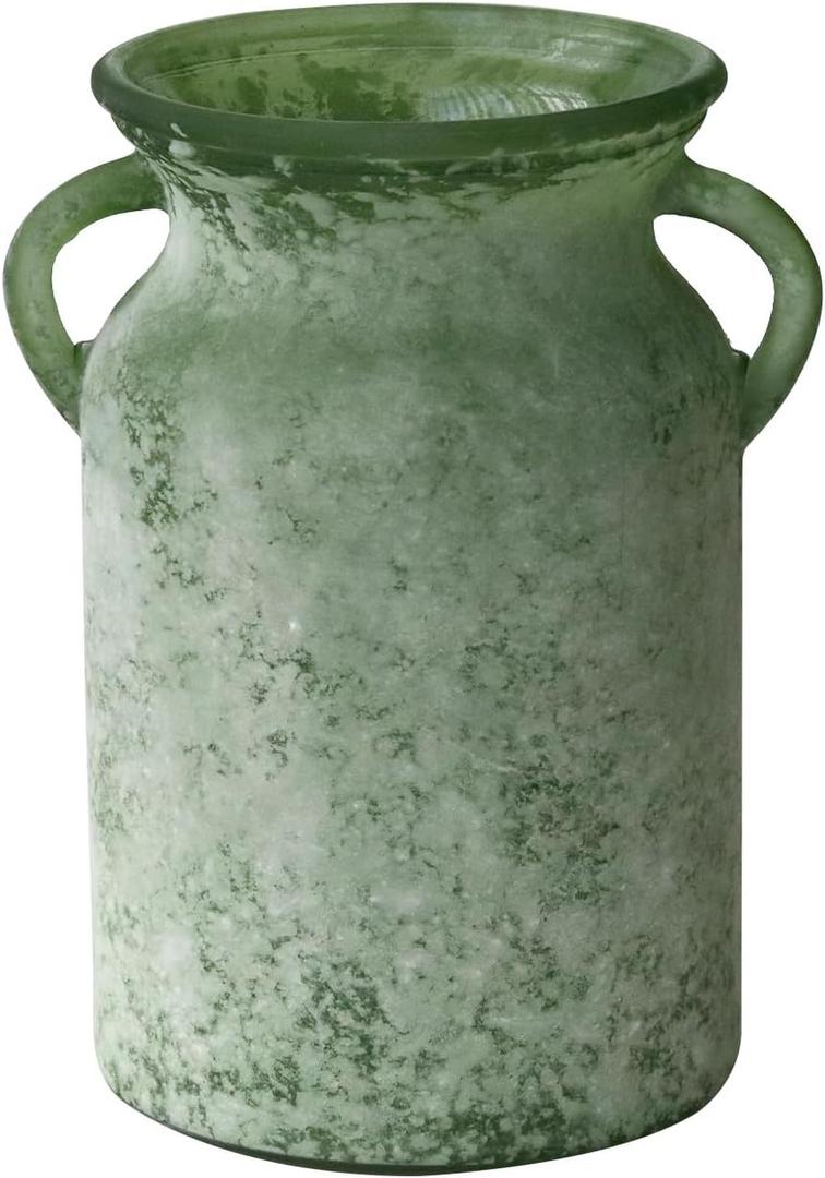 SHMILMH Glass Flower Vase with Handle – 8 Inches Rustic Imitation Ceramic Vase for Flowers, Vintage White Green Centerpiece Decor for Farmhouse, Modern Home, Table & Holiday Decorations