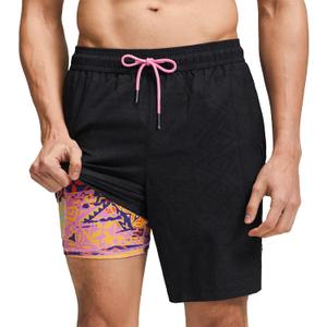 maamgic Mens Swim Trunks with Compression Liner 9 Inch Stretch Quick Dry Swim Shorts with Zipper Pockets Swimwear (XX-Large, Geometrical Black)