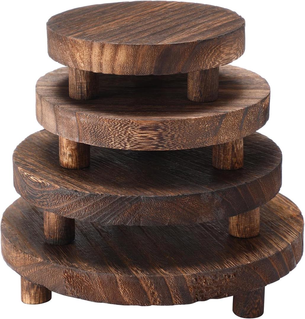 Geetery 4 Pcs Wooden Risers for Display Wood Pedestal Stand Mini Tray Stand Round Wooden Pedestal Holder Rustic Riser for Decor Tiered Tray Decor Home Kitchen, 5/6/7/8 Inch(Brown)