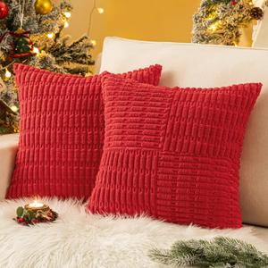 Softalker Throw Pillow Covers 18x18 Inch Set of 2, Soft Red Decorative Striped Corduroy Pillow Covers for Winter Christmas Thanksgiving Home Decor, Couch Living Room Sofa, Red