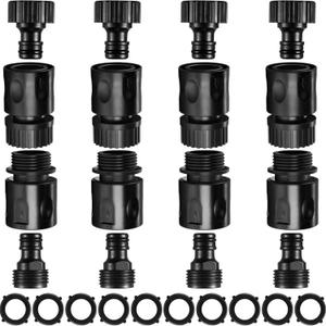 16 Pieces Garden Hose Quick Connector 3/4 Inch Plastic Water Hose Fittings Male and Female Connectors End Adapters with 10 Pieces Rubber Gaskets(Black)