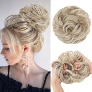 CJL HAIR Large Messy Bun Hair Piece Wavy Curly Scrunchies Synthetic Chignon Ponytail Hair Extensions Thick Updo Hairpieces for Women Ivory Grey