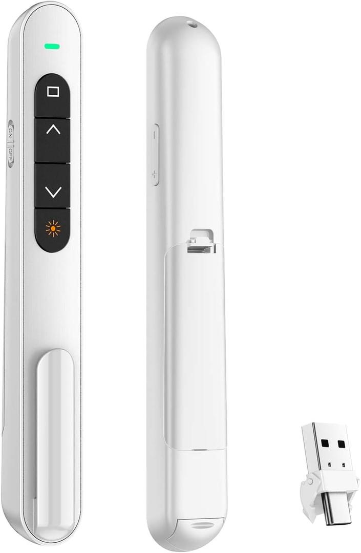 QUI Presentation Clicker for PowerPoint, RF 2.4GHz USB C Wireless Presenter Remote with Volume Control, PowerPoint Clicker Slide Advancer for Mac, Windows, Laptop, Keynote (White)