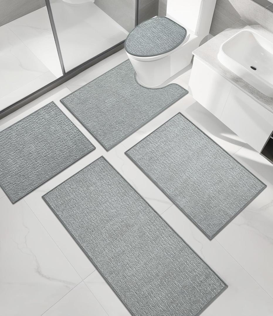 Chakme Bathroom Rug Sets 5 Piece, Ultra Thin Bath Mat Quick Dry Bath Mat Set, Absorbent Bath Mat for Bathroom Non Slip Machine Washable, (Light Grey, 5 Piece)