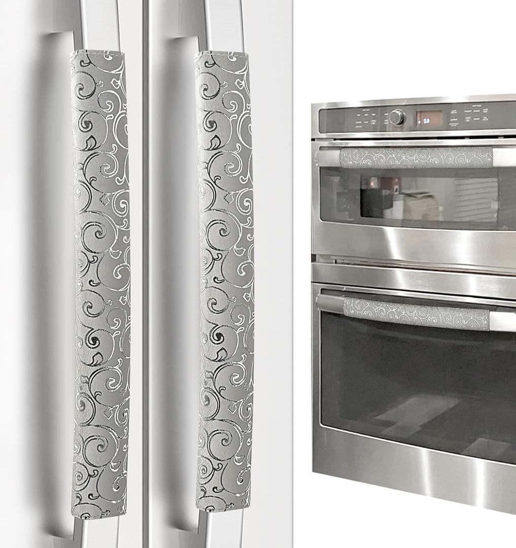 Refrigerator Handle Covers, Set of 4, Non-Slip Fridge Handle Covers, Washable Appliance Handle Covers, Keep Your Kitchen Clean, Microwave Oven Dishwasher Handle Protector(Light Gray, Silver pattern)