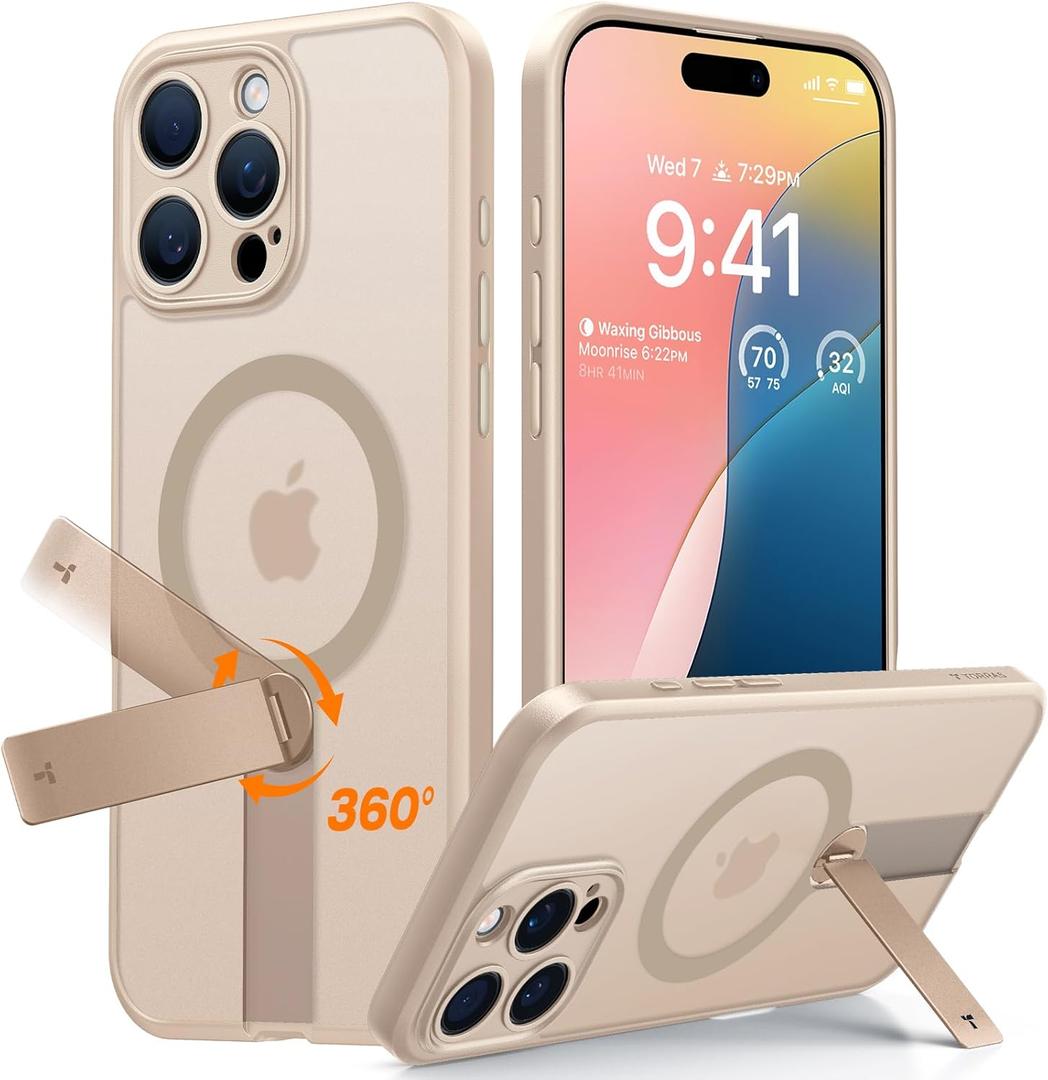 TORRAS 360 Spin Stand Magnetic for iPhone 16 Pro Max Case, [Full Camera Protection][Fit for MagSafe] [16FT Mil-Grade Drop Protection] PC & TPU Case for 16 Pro Max(6.9"), Rose Gold Pink