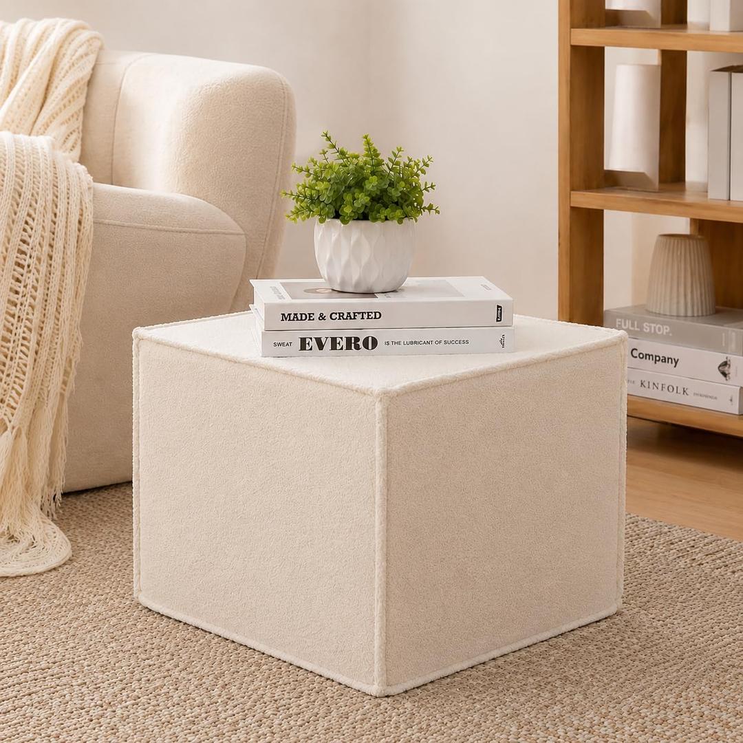 Square Ottoman Foot Rest,Small Pouf for Couch,Coffee Table - Boucle Upholstered Foot Stools Applicable to Living Room & Bedroom & Dorm - Compressed Poufs,Beige