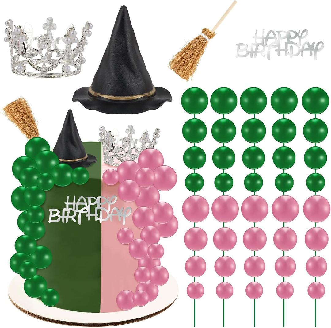 44 Pieces Pink and Green Cake Decorations with Mini Black Witch Hat, Silver Crown, Broom, Balloons, Happy Birthday Cake Topper for Girls Women Princess Witch Birthday Party Decorations Supplies