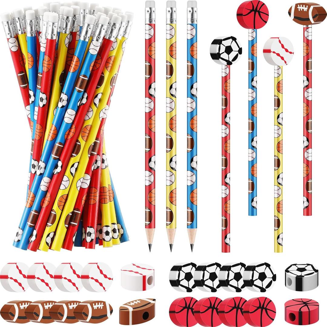 Chivao 36 Set Sports Pencils and Erasers for Kid Baseball Soccer Football Sports Theme Party Favors for Students Back to School Stationery Birthday Gift Supplies Rewards Teacher Prizes