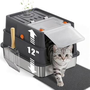 Stainless Steel Litter Box with Lid: Enclosed Cat Litter Box for Small Cats & Kitten, Metal Kitty Litter Pan with High Sided Enclosure, Include Scoop & Mat, Odor Control, Anti-Leakage
