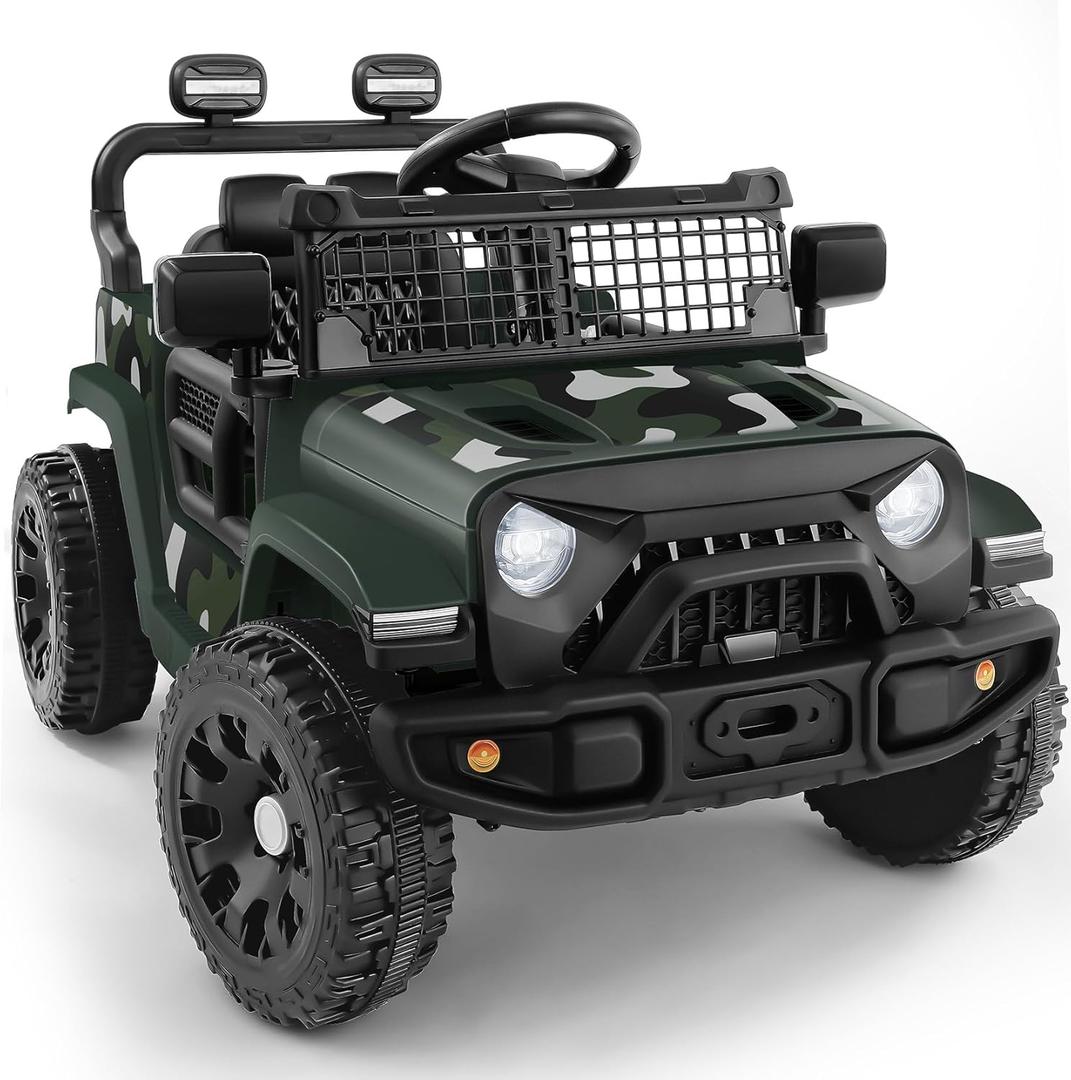 ELEMARA Ride On Car, Bluetooth Ride on Toys for Toddlers, 12V Kids Battery Powered Vehicles w/Remote, 3.5 mph Motorized Off-Road Truck, Electric Car for Kids w/3 Speeds,LED Lights- Olive