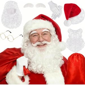 Christmas Santa Costume Set Includes Christmas Santa Hat Beard Wig White Gloves Glasses Present Bag for Xmas Costume