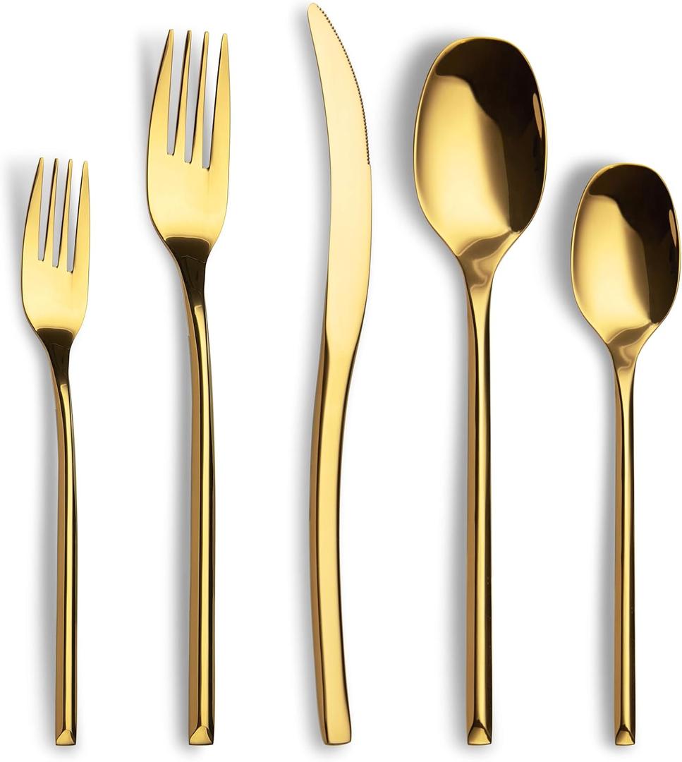 20-Piece Gold Silverware Set for 4, Modern 18/10 Stainless Steel Flatware Set, Luxury Cutlery Set, Unique Utensils Set for Restaurant, Spoons and Forks Set, Mirror Polished, Dishwasher Safe (20 Pieces Set)