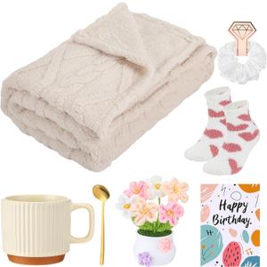 7 Pcs Birthday Gift Set for Women, Summer Self Care Gift Throw Blanket Socks Mug Set for Mothers Teachers Nurses (White)