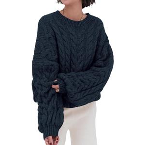 PRETTYGARDEN Womens Sweaters Spring 2026 Cable Knit Long Sleeve Crewneck Oversized Sweater Chunky Pullover Loose Outfits (Navy, XXL)