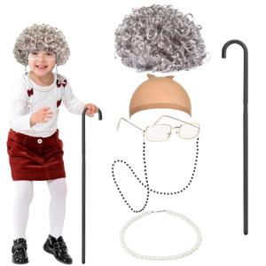Old Lady Wig Costume Set, Granny Costume Wig with Glasses Chain and Pearl Necklace Women for 100 Days of School