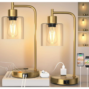 QiMH Set of 2 Industrial Touch Control Table Lamps with 2 USB Ports and 2 AC Outlets, 3-Way Dimmable Bedside Nightstand Reading Lamps with 2700K LED Bulbs, Glass Desk Lamp for Living Room,Bedroom