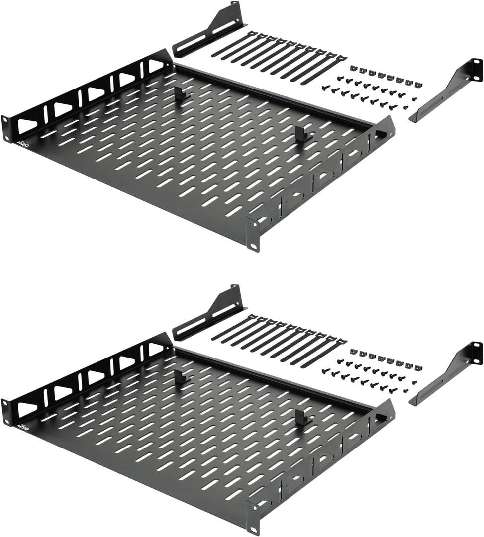 Tecmojo 1U Rack Shelf, 14 inch Depth, Anti-Slip Stops, Server & Network Shelf for 19 in Equipments, 110lbs Vented Capacity, No Lip (2 Pack)