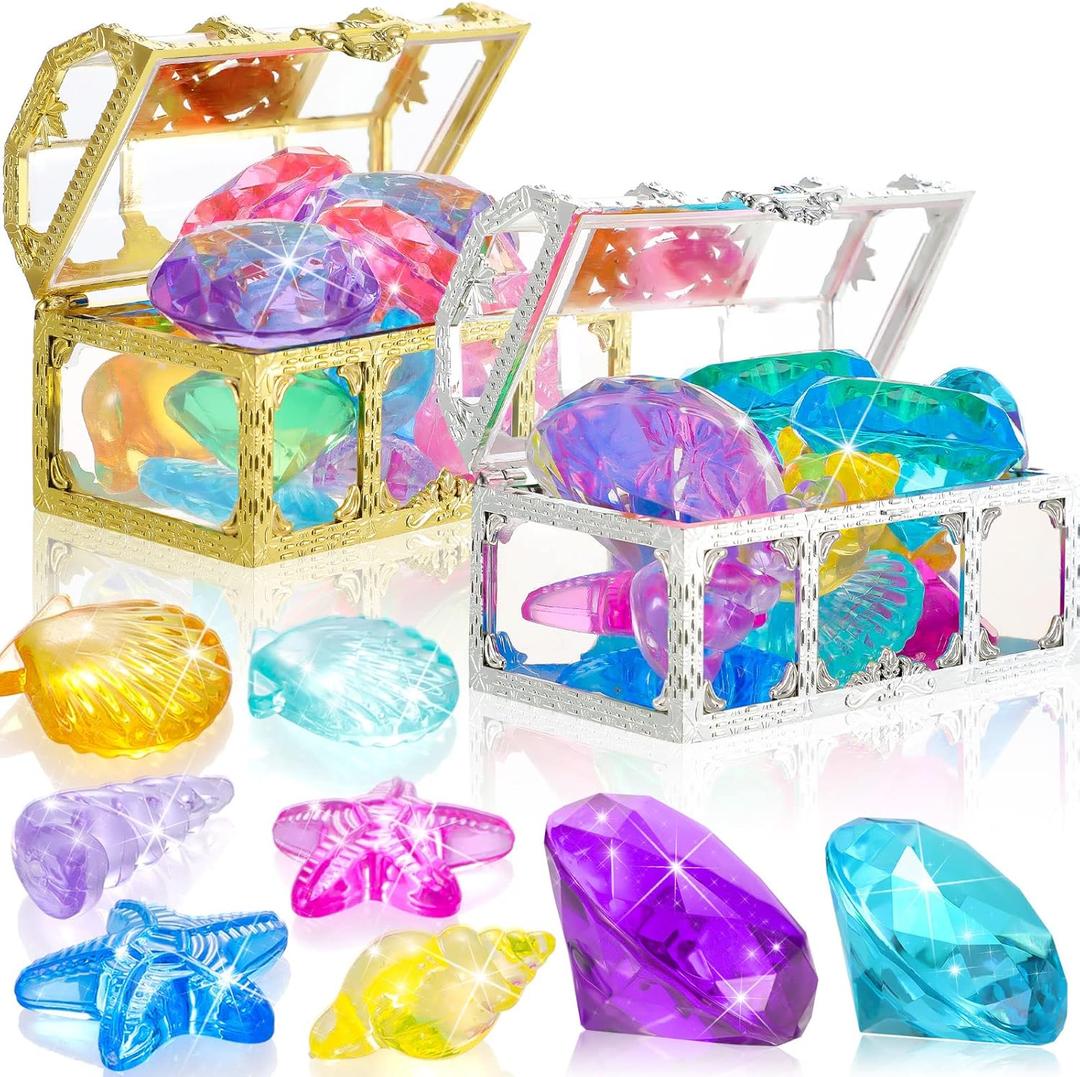 Skylety 24 Pcs Pool Toys for Kids Large Colorful Diving Gems Diamond with 2 Treasure Pirate Chest Mermaid Pool Toys for 8-12 Age Underwater Gemstone Swimming Training Gift Water Games(Ocean Style)