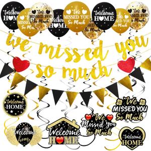Pimvimcim Welcome Home Decorations, 40pcs 'We Missed You So Much' Banner Balloon Hanging Swirls Kit, Gold & Black 'Welcome Back' Theme Sign Party Supplies, Homecoming Party Decor