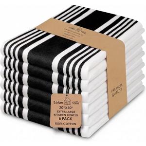 Urban Villa Kitchen Towels 100% Cotton Dish Towels for Kitchen (Set of 6)20x30 Dish Cloths Highly Absorbent Kitchen Linen Set with Hanging Loop Perfect for Drying Dishes Cleaning Towels-Black White