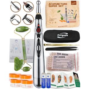 Acupuncture Super Set: 5Head Electronic Acupuncture Pen + Gua Sha Tool + Ear Seeds + Retractable Acupuncture Pen + 4 x Extra Massaging Gel + Tweezers+Chart+Batteries (Acupuncture Set(with A new bag))