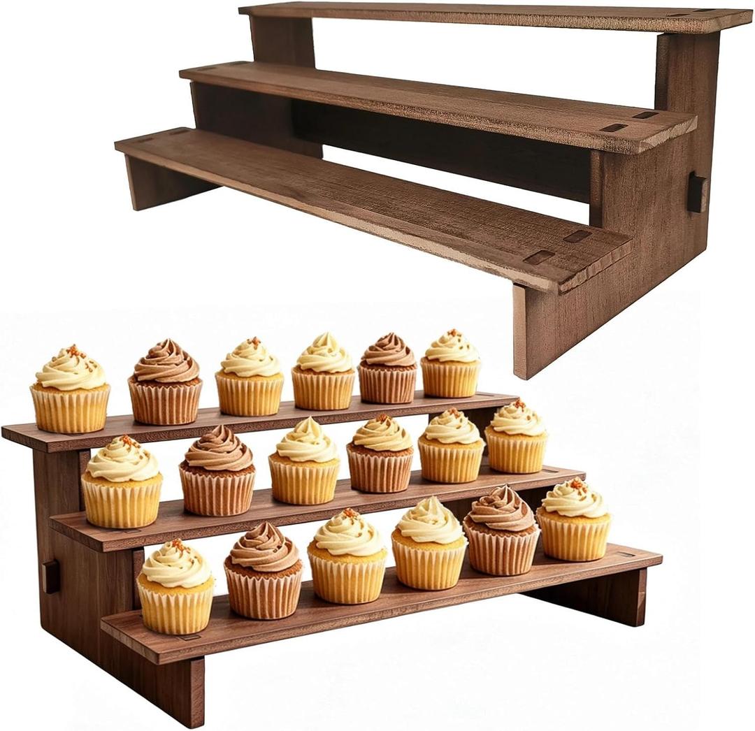 Wooden Display Stand - Rustic Cupcake Stands, Tiered Cupcake Stand, 3 Tier Wood Risers Display Stands for Cup Cake, Dessert, Spice Rack, Vendor, 2 Pack