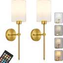 Battery Operated Wall Sconces Set of Two,Wireless Rechargeable Wall Light With Remote Control, Dimmable, Amber Light/Warm White/Natural White/Daylight/RGB, Timer,for Living Room,Bedroom,Entryway,Gold, 20.6 Inch