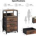 Lazzanto NightStand Bedside Charging Table Bedroom - Night Stand with Charger Station, Modern Nightstand with Open Shelf & 3 Fabric Drawers, Bed Side Table USB-C Port for Dorm Living Room