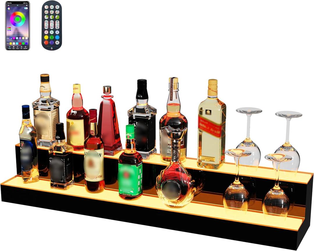 MESAlLUP Acrylic 40 Inch 2 Tier High Light LED Liquor Bottle Display Shelf with Remote Control, Multi Color Lighting for Home Mini Bar, Restaurants & Party Use(Without Power Bank)