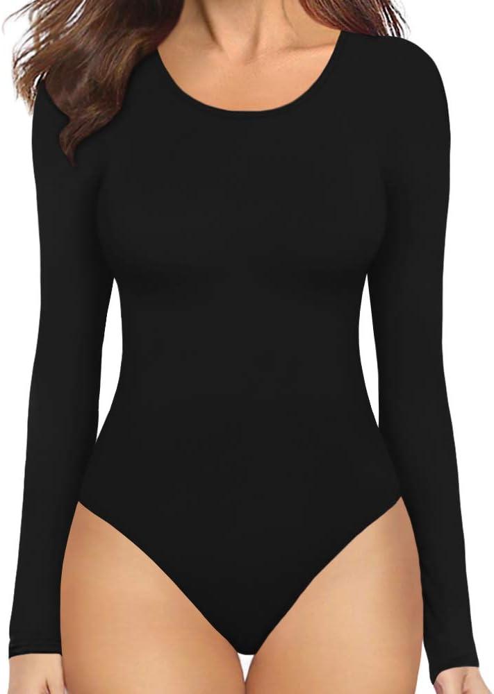 MANGOPOP Round Neck Short Sleeve Long Sleeve Bodysuits for Women Ribbed Body Suit Shirts (X-Large)
