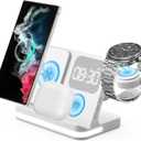 4 in 1 Wireless Charger with Alarm Clock Compatible for Galaxy Watch 8/7/Ultra/FE/6 Pro Galaxy S25/Ultra/S25+/S24/S23/Note 20/Z Flip 7/6/5 Fold 6 Galaxy Buds 3/2/Pro Multiple Devices Charging Station (white)