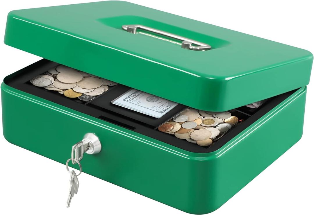 KYODOLED Large Lock Box with Money Tray,Storage Cash Box with Lock,Safe Metal Box for Money,9.84"x 7.87"x 3.54" Green Large