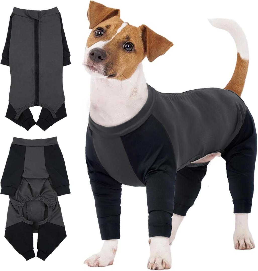 IECOii Soft Dog Pajamas - 4 Legs Dog Bodysuit with Long Sleeve, Grey - Stretchable, Perfect for Small Dogs & Puppies Boy or Girl, Chest:16.93 in