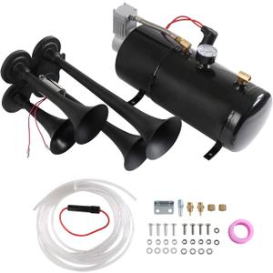 150DB 4 Trumpet Train Horns kit Super Loud Air Horn with 150 PSI 12V Air Compressor Air Horn Compressor Tank For Any Vehicle Trucks Car Jeep Or SUV (0.8 Gallon)