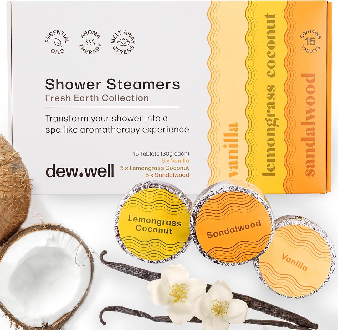 Shower Steamers Fresh Earth Collection - 15 Count Shower Bomb - Aromatherapy in Your Home - Helps Clear Congestion and Boost Mood - (Vanilla, Lemongrass Coconut, Sandalwood)
