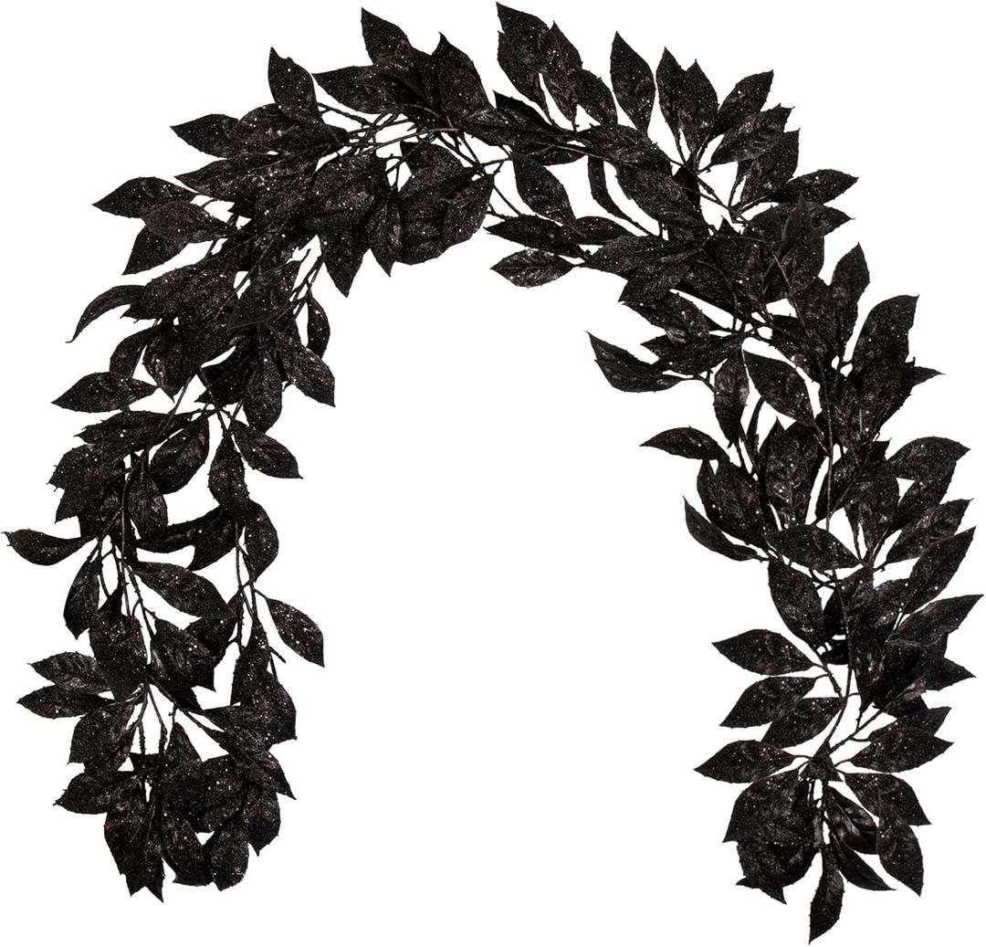 3 Pcs 6FT Christmas Garland Black Glittered Artificial Magnolia Leaves for Mantle Christmas Tree Decorations Indoor Outdoor Hanging Garland Ornaments Garden Door Wall Window Stair Holiday Home Decor