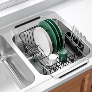 Apartment RV Small Dish Drainer Drying Rack Over The Sink In Stainless Steel for Narrow Kitchen, Counter Space Saving Compact Expandable Metal Plate Dryer Strainer, Black Adjustable Wire Drain Holder