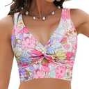 GRAPENT Bikini Tops for Women Cropped Tankini Tops Floral Printed Beach Padded Knot Twist Cut Out Bathing Suit Top Only, Color: Purple Floral, Small