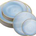 PLASTICPRO 32 Pieces Crystal Design Plastic Plates Combo Pack 7 inch and 10 inch Gold Rim Elegant Disposable Plates, Transparent Blue