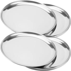 4 Pack 12 Inch Silver Stainless Steel Plates, Round Silver Metal Dinner Plates, Dishwasher Safe Stainless Steel Serving Dishes for Home, Camping, Barbecue