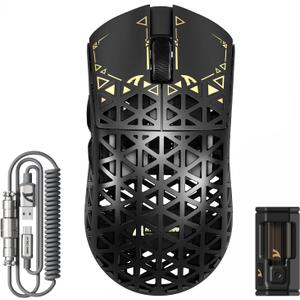 ATTACK SHARK R5 Ultra Wireless Gaming Mouse, 39g Superlight Carbon Fiber Hollowed-Out, PAW3950MAX Optical Sensor Nordic 52840 MCU 8K Polling 42K DPI, Tri-Mode Programmable Mice with Coiled Cable-Black