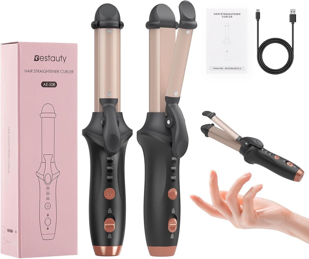 Bestauty Small Cordless Curling Iron 1 inch, Mini Dual Purpose Curler/Straightener - Rechargeable Wireless Travel Hair Curler for Short Hair (Black)