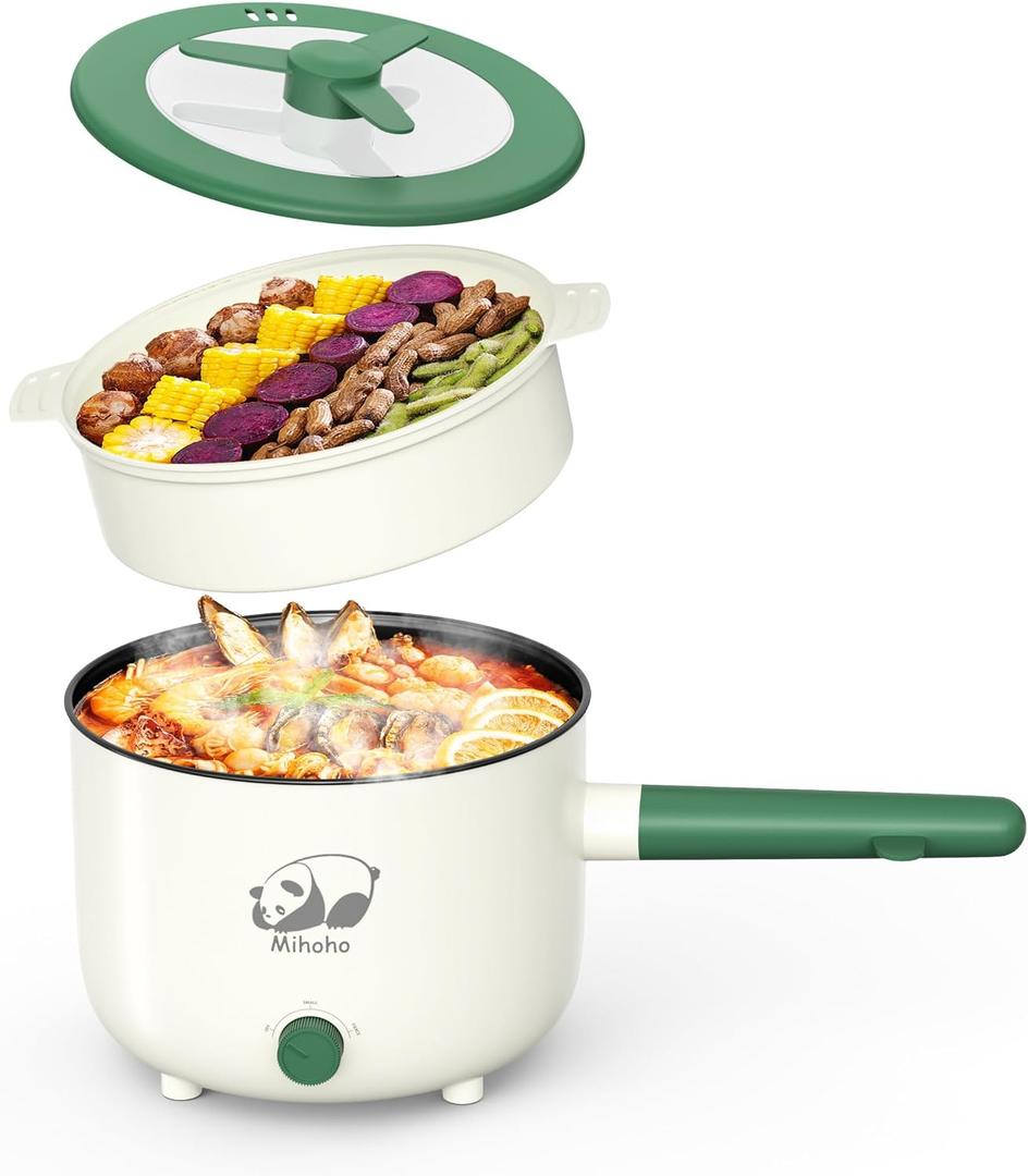 Electric Hot Pot with Steamer, Portable Nonstick Frying Pan with Dual Power Control, Electric Shabu Shabu Cooker for Noodle, Oatmeal, Pasta, Ramen, 1.5L (Green S)
