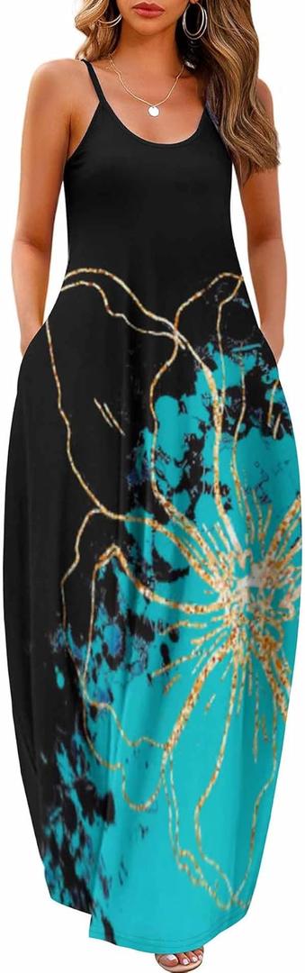 Wolddress Womens Maxi Dress with Pockets 2026 Casual Strap Plus Size Loose Plain Long Office Summer Beach Travel Dresses  (Blue, L)