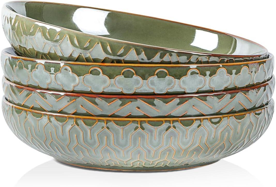 Sureasy Pasta Bowls Set of 4-30oz Large Ceramic Embossed Bowl Plates, 8.5 Inch Wide and Shallow Plate Bowls, Salad Bowl, Microwave, Oven & Dishwasher Safe, Green