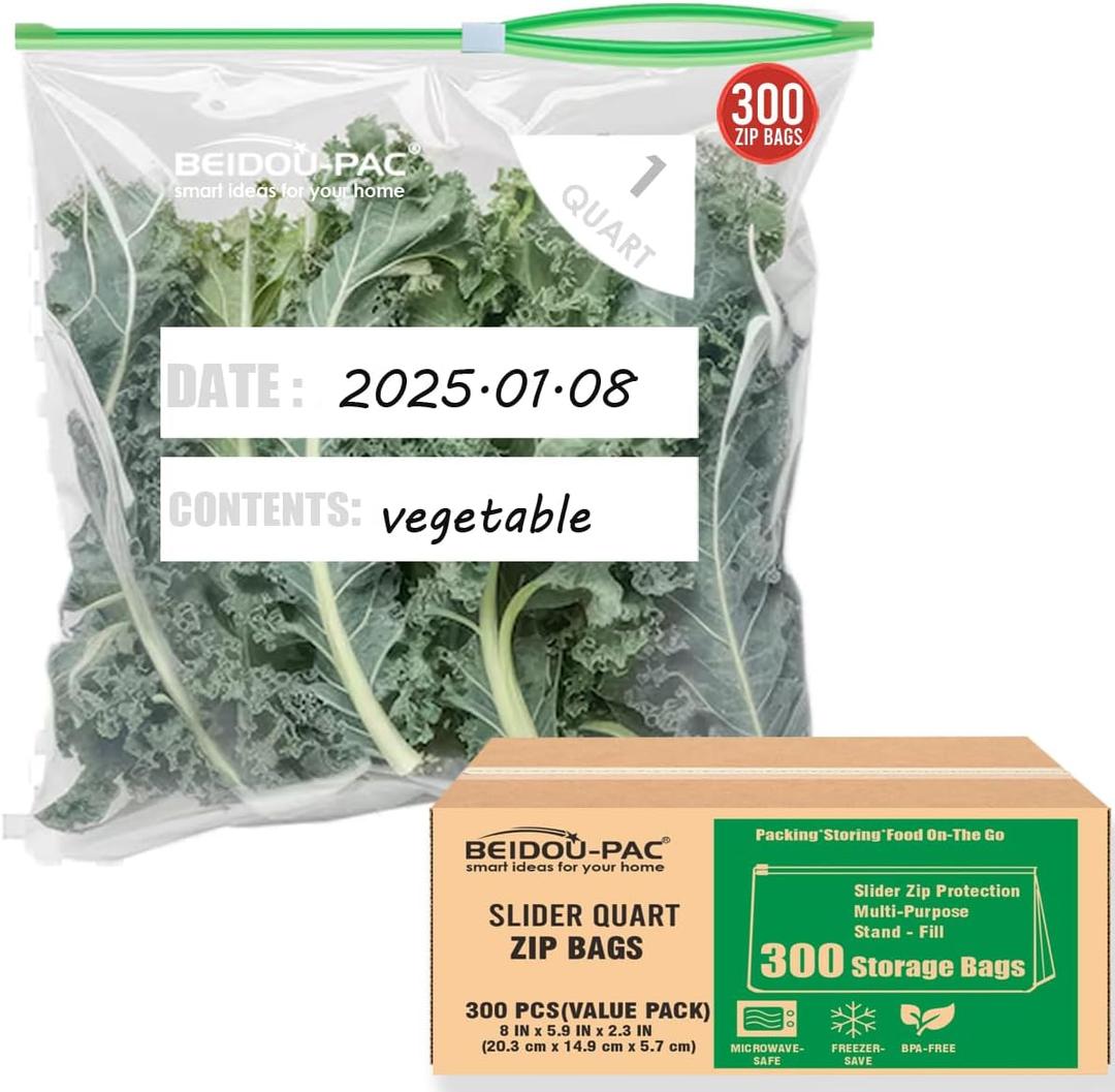 Slider Quart Food Storage Freezer Bags with Stand-Up Bottom, 300 Count | 2 Mil | 8 IN x 5.9 IN x 2.3 IN, Freshness Easy Open Reclosable Clear Plastic Bags(Slider-quart-300count)