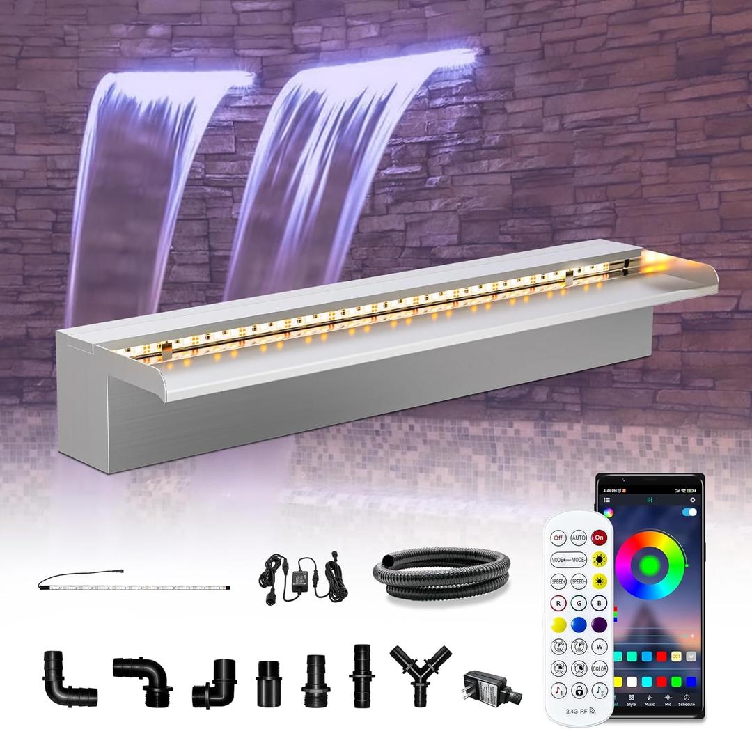 LONGRUN Waterfall Pool Fountain, Updated 5.9'' Wider Open Lip Stainless Steel Waterfall Spillway, Decorative Water Feature for Swimming Pools, Koi Ponds, Spa & Garden - 23.6'' (23.6" Regular (Remote & APP Control))