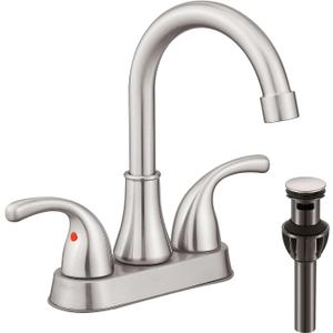 Bathroom Sink Faucet FRANSITON 4 Inch Faucet 2 Handle Bathroom Sink Faucets Lead-Free Brushed Nickel Bath Sink Faucets with Pop-up Drain Stopper and Supply Hoses