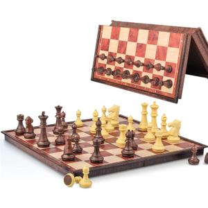 Magnetic Travel Chess Set with Storage Box - Folding Wooden-Style Chess Board, 8" Portable Pocket Mini Game for Adults & Kids, Gifts for Men Women (Brown)